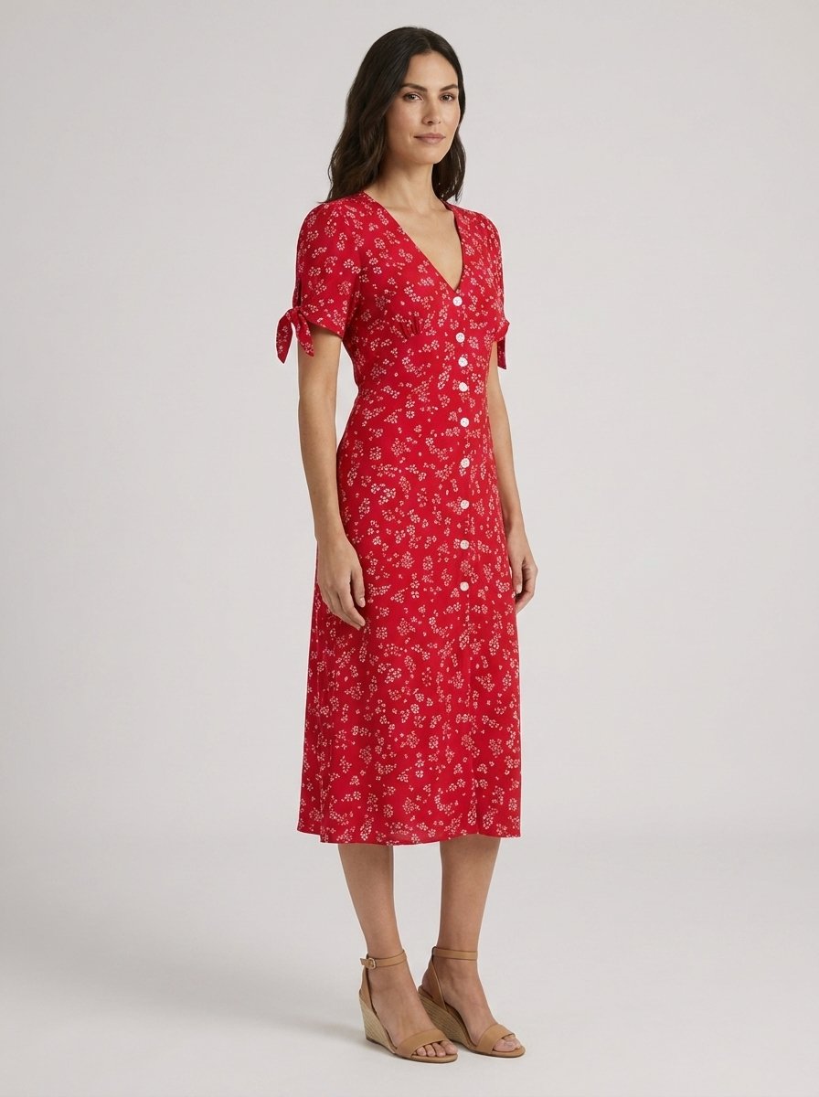 Red floral midi dress, 3/4 view