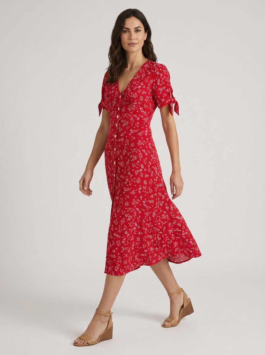 Red floral midi dress, walking