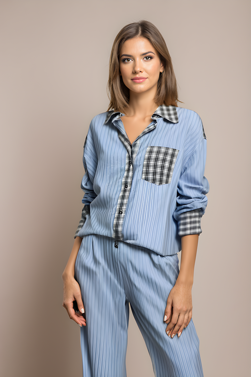 Lenya checked pyjama set with striped trousers, image 3