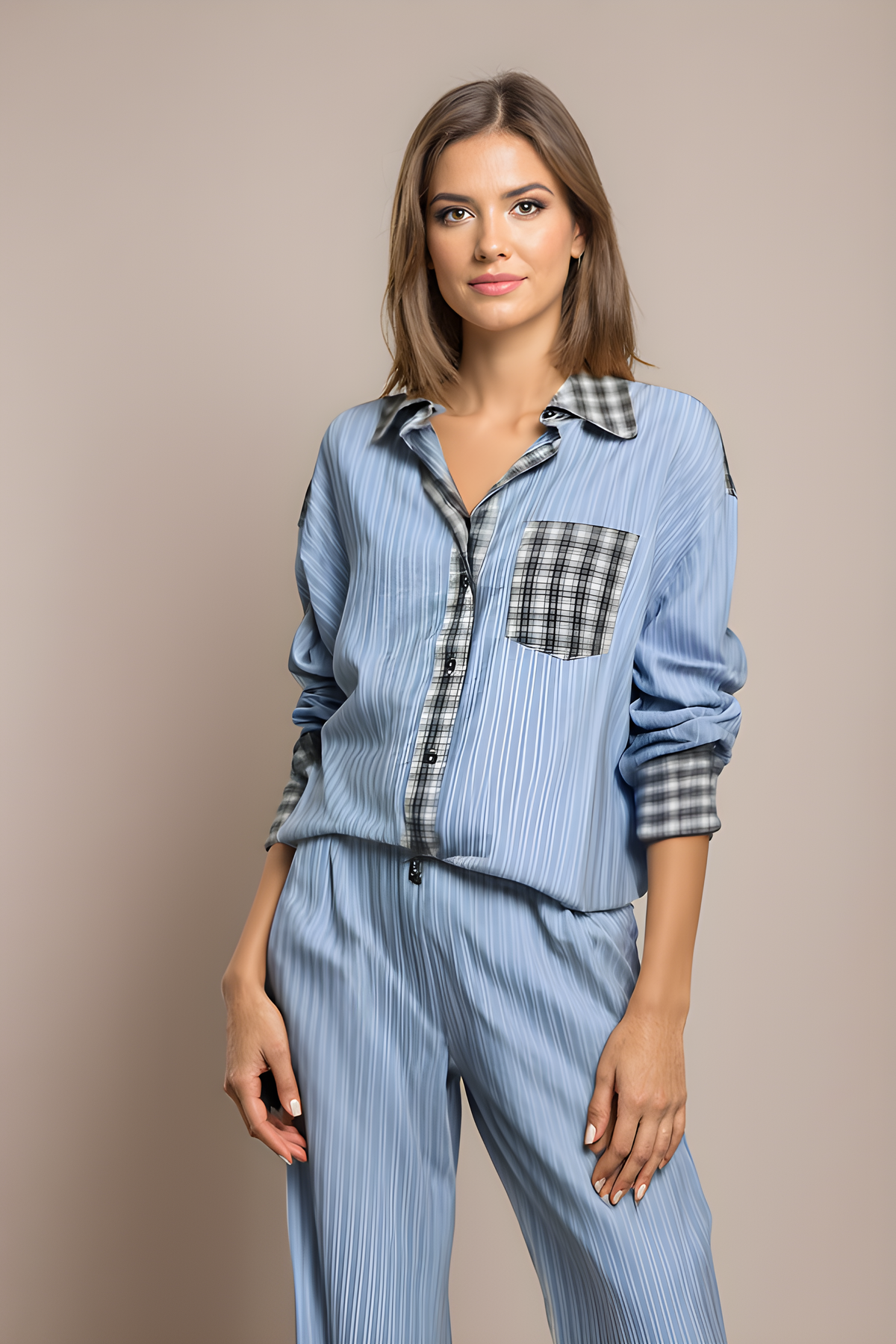 Lenya checked pyjama set with striped trousers, image 3