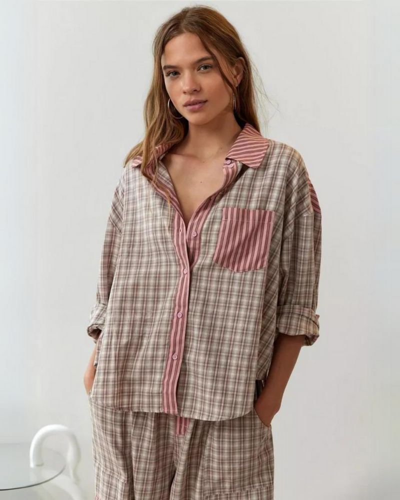 Lenya checked pyjama set with striped trousers, image 4