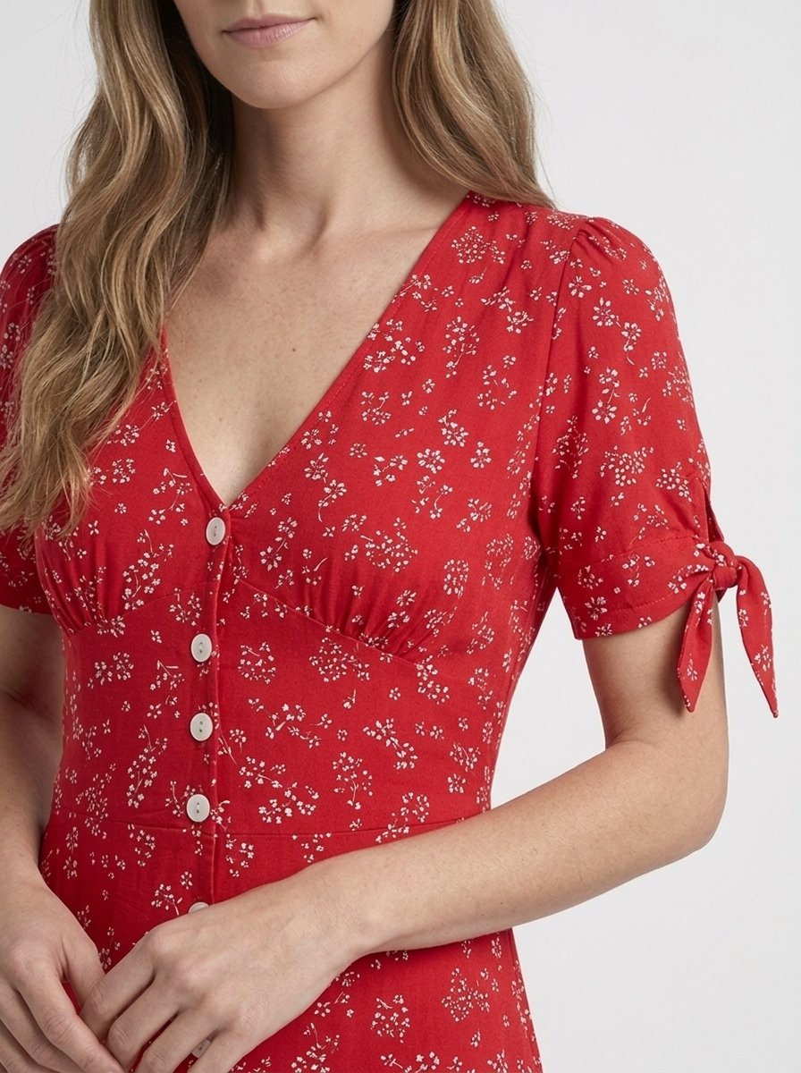 Liora Red Floral Midi Dress - neckline close-up