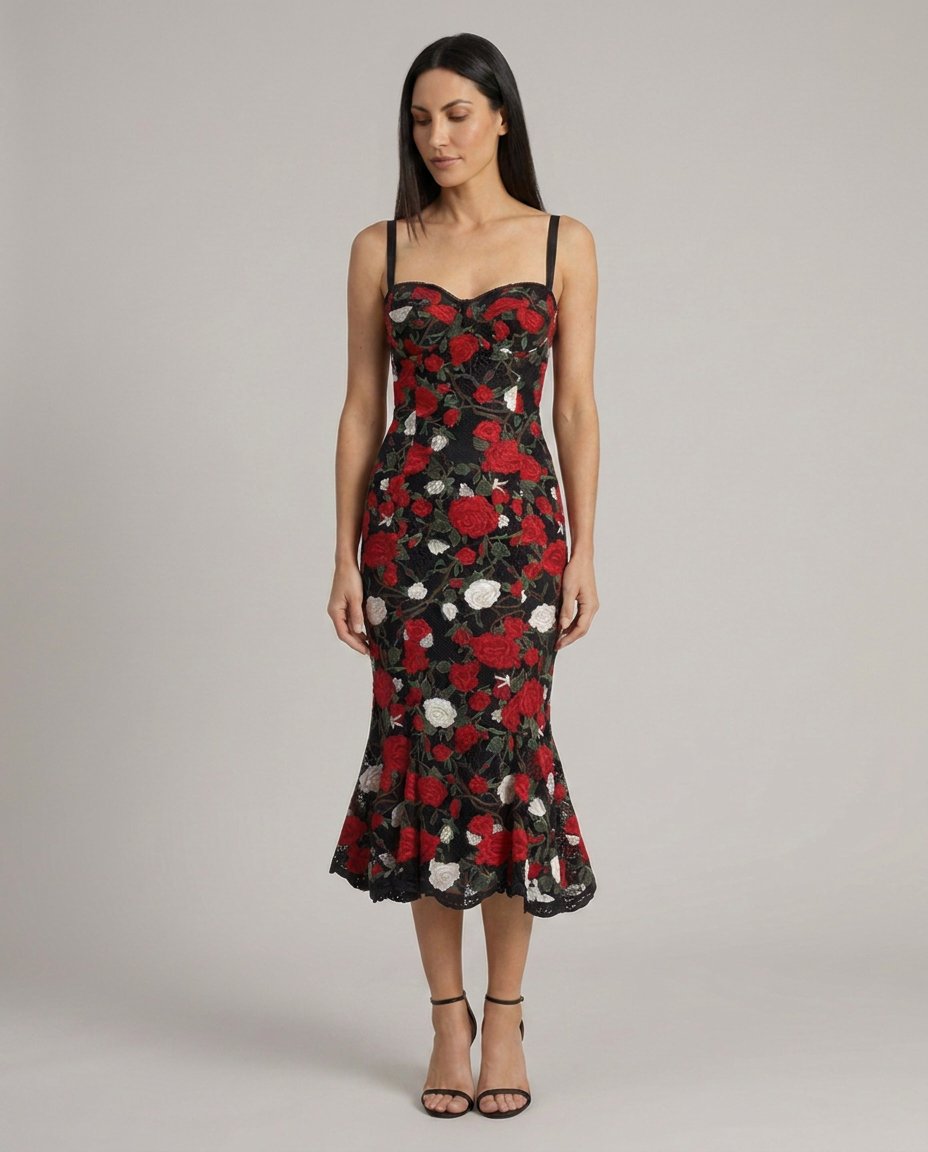 Lorena Floral Lace Sweetheart Corset Midi Dress - front