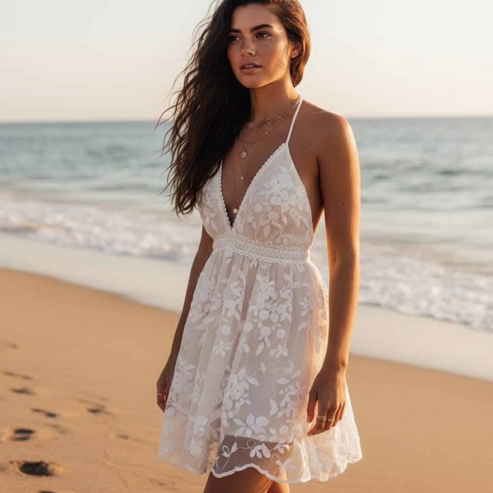 A sleeveless white lace summer dress with an A-line silhouette, featuring delicate floral patterns and a flowing design. 0
