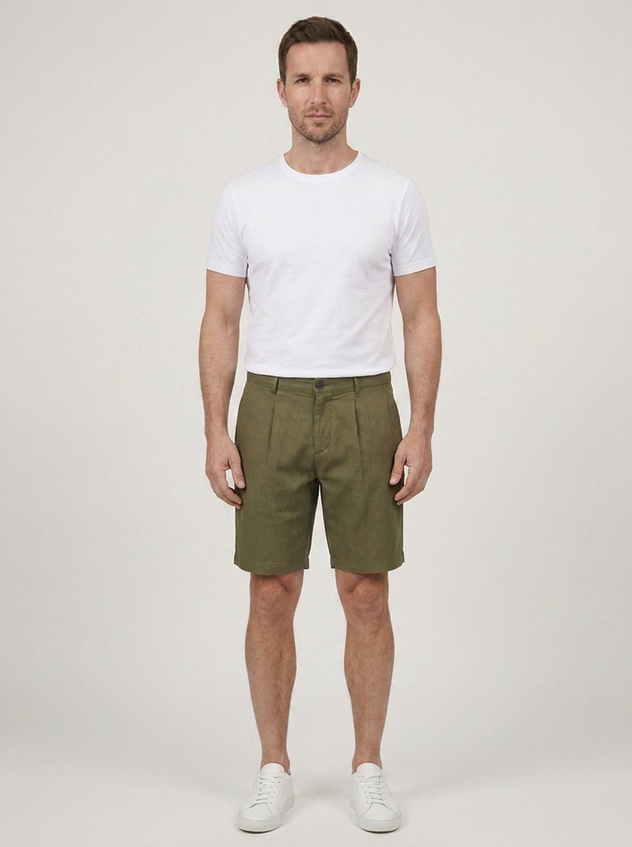 Marcellus Pleated Herringbone Linen Shorts - front alternate