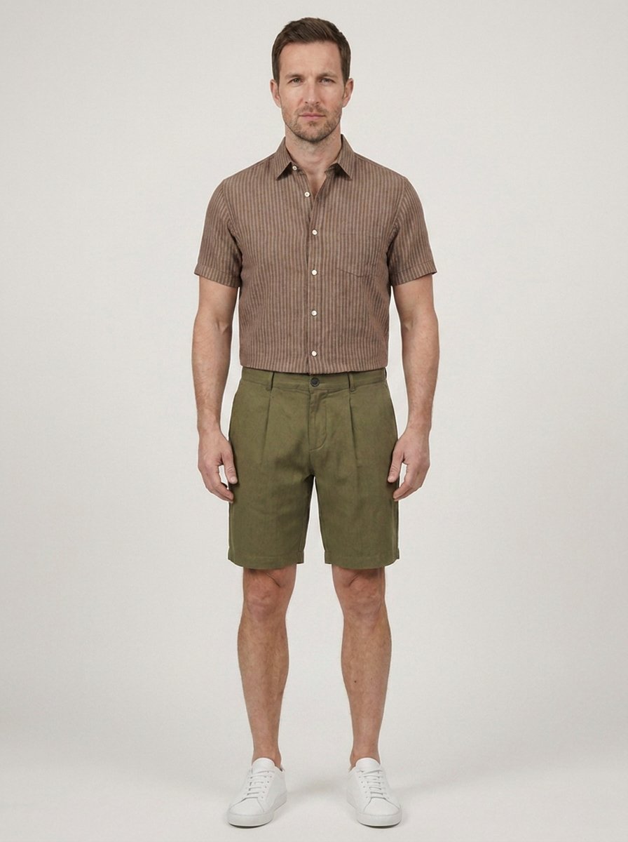 Marcellus Pleated Herringbone Linen Shorts - styled with shirt