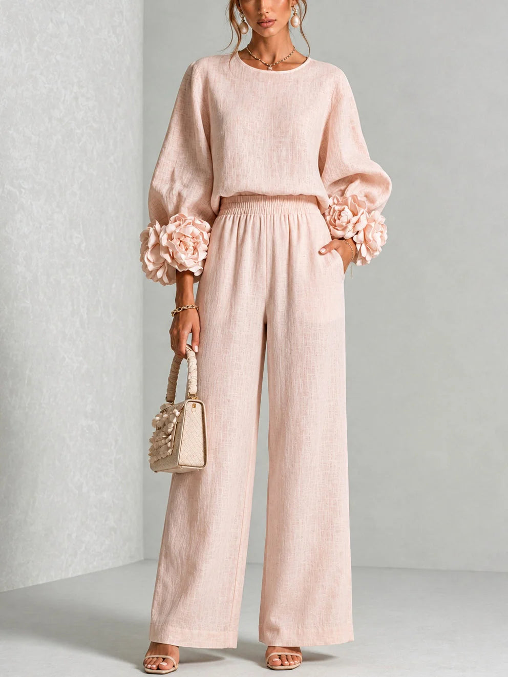 Marguerite two-piece set with floral cuffs and wide-leg trousers