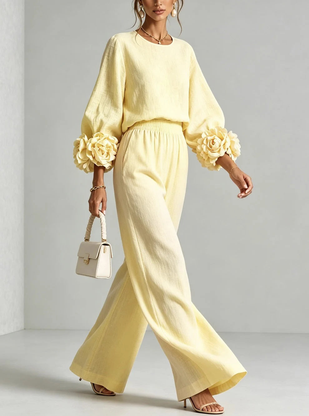 Marguerite two-piece set with floral cuffs and wide-leg trousers, image 10