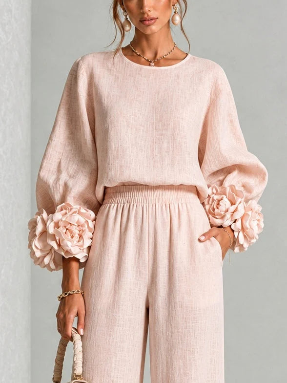 Marguerite two-piece set with floral cuffs and wide-leg trousers, image 5