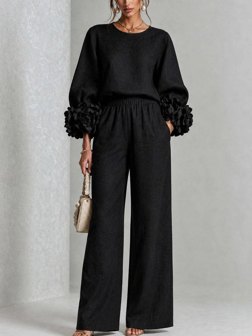 Marguerite two-piece set with floral cuffs and wide-leg trousers, image 6