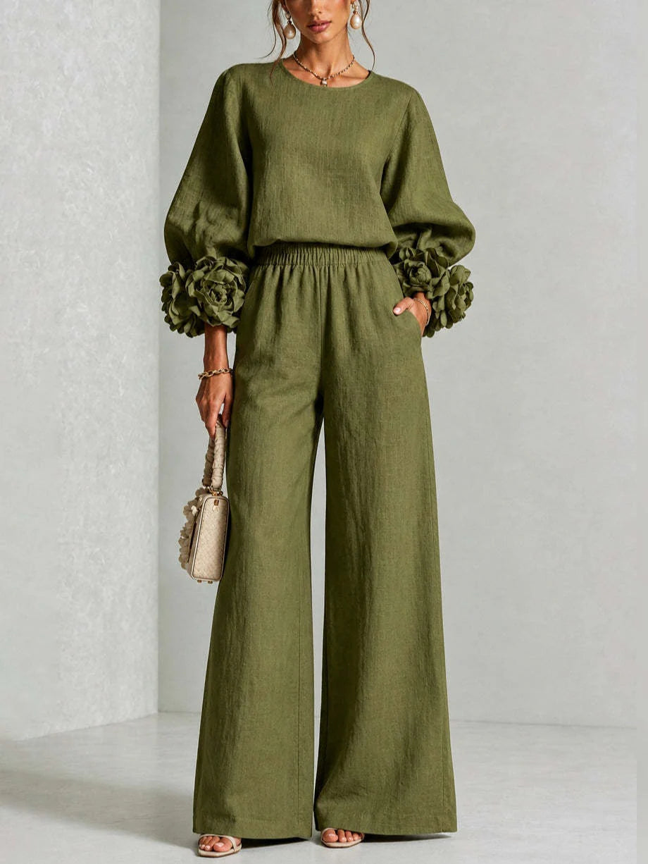 Marguerite two-piece set with floral cuffs and wide-leg trousers, image 7
