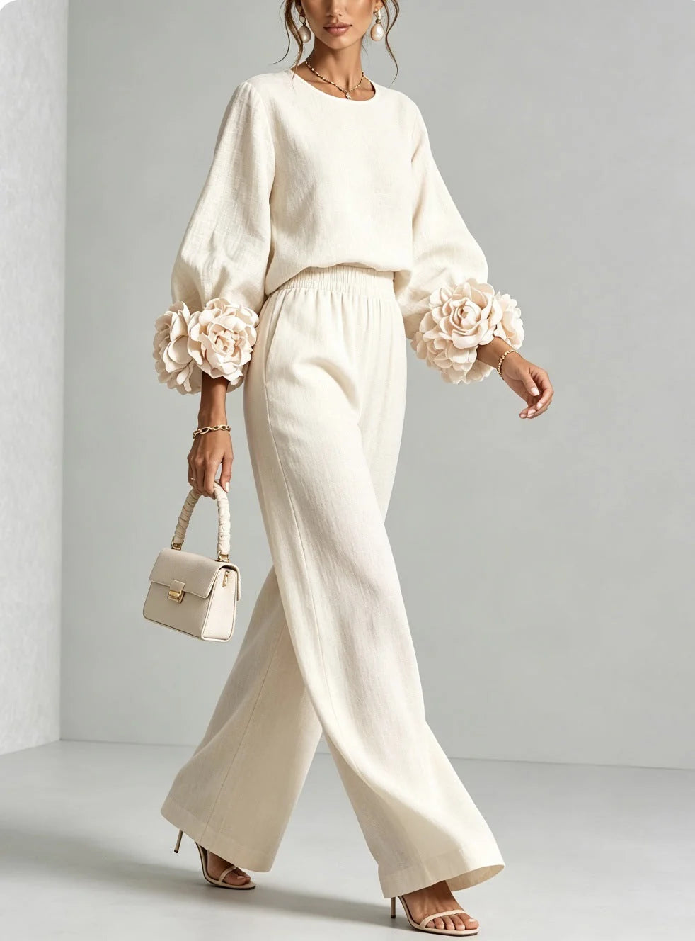 Marguerite two-piece set with floral cuffs and wide-leg trousers, image 8