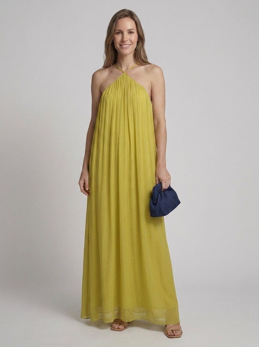 Marisol Sleeveless Halter-Neck Sundress - front with clutch