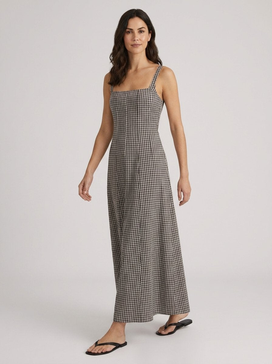 Matilda ink check midi dress, front view, matching black flat sandals