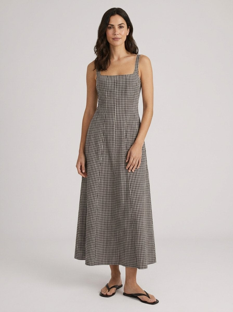 Matilda ink check midi dress, walking