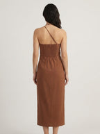 Cacao brown halter midi dress, back view with smocked panel