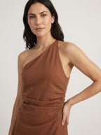 Cacao brown halter midi dress, close-up view of ruched waist