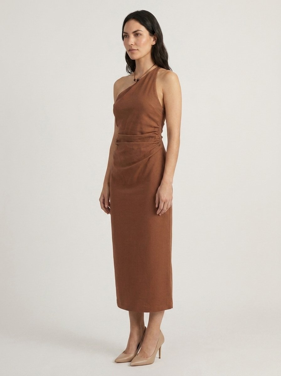 Cacao brown halter midi dress, full body side view