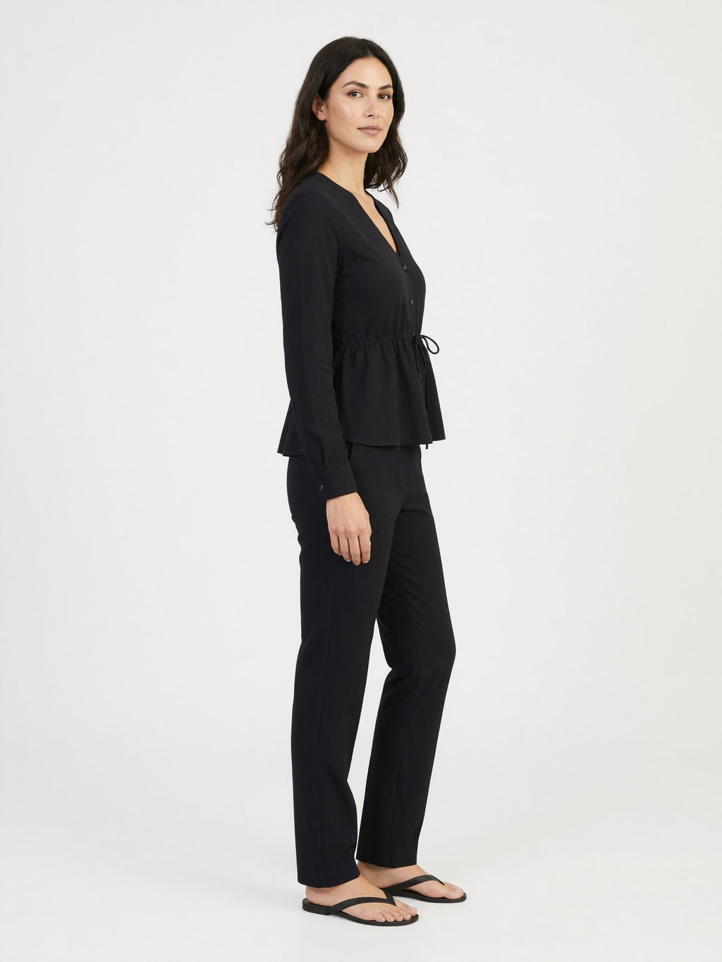 Noor black blouse, three-quarter view