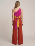 Asymmetric one-shoulder magenta jumpsuit, back view
