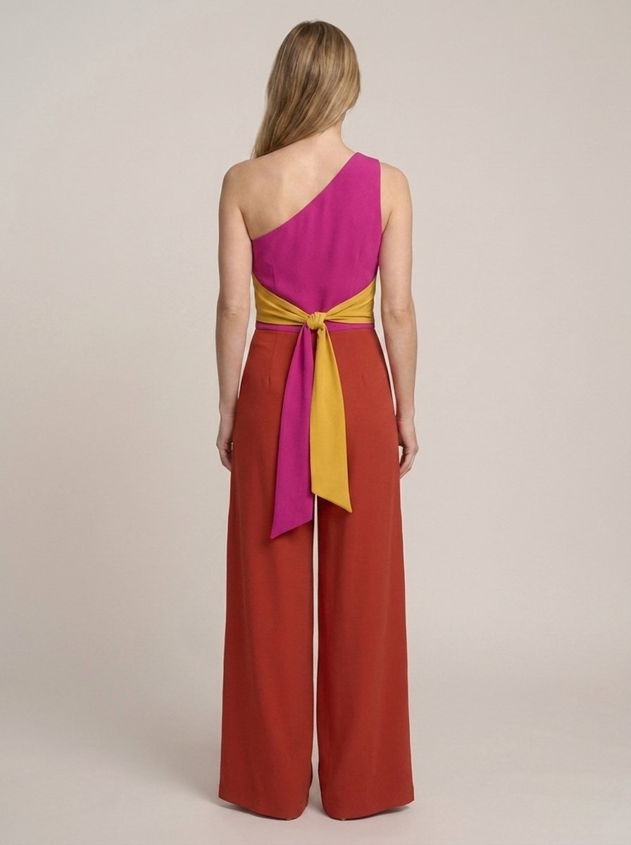Asymmetric one-shoulder magenta jumpsuit, back view