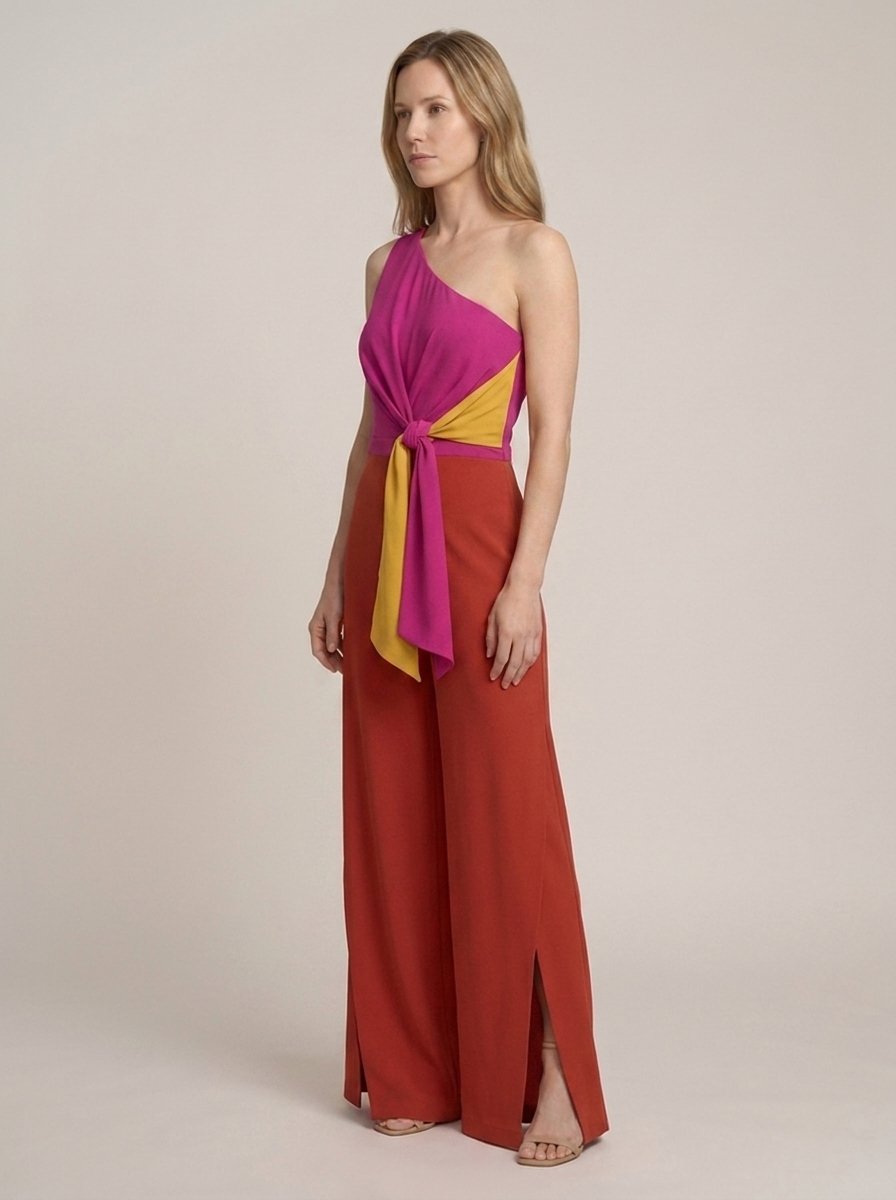 Asymmetric one-shoulder magenta jumpsuit, full body side view