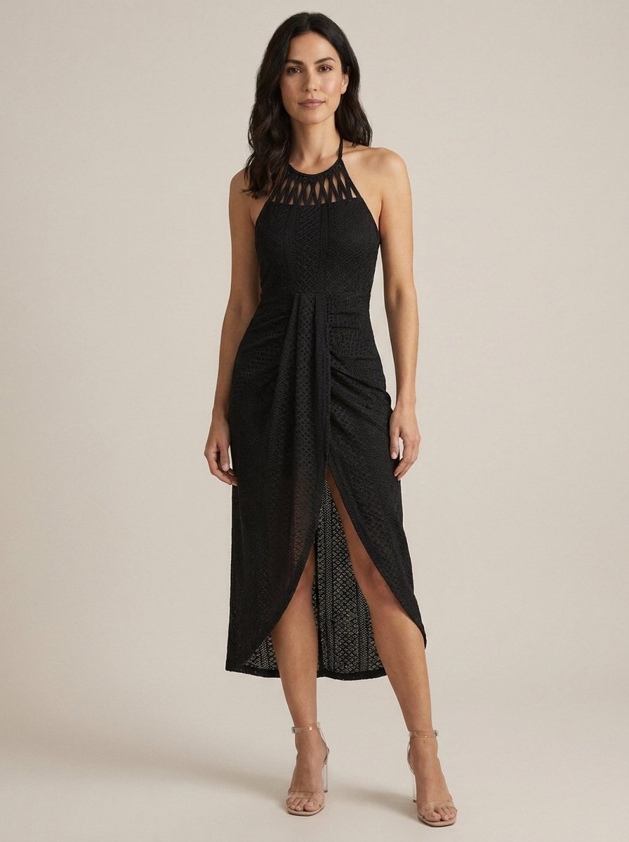 Black halter tie criss cross front knit jacquard summer dress with slit