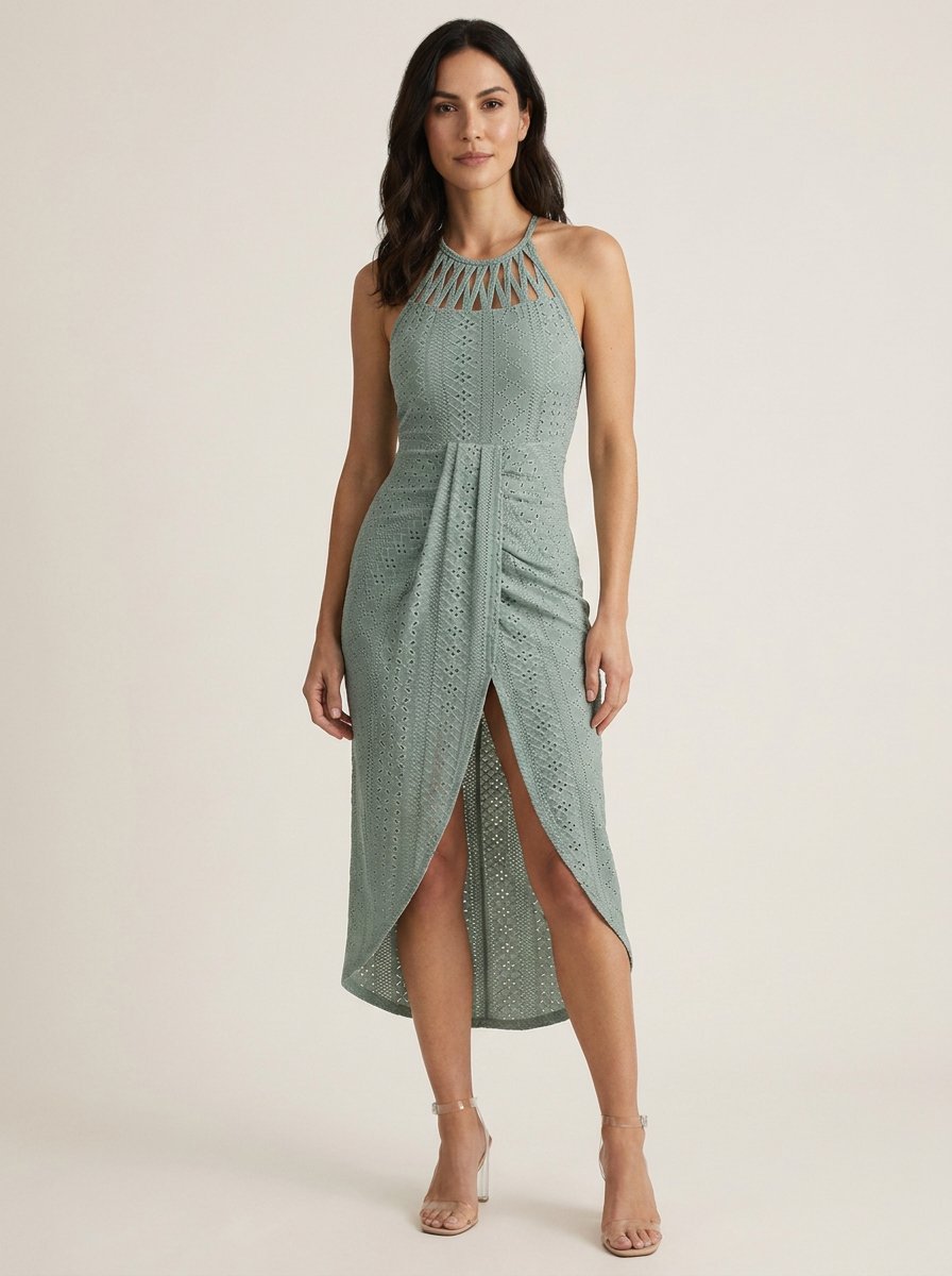 Green halter tie criss cross front knit jacquard summer dress with slit
