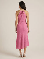 Hot pink halter tie criss cross front knit jacquard summer dress with slit, back view