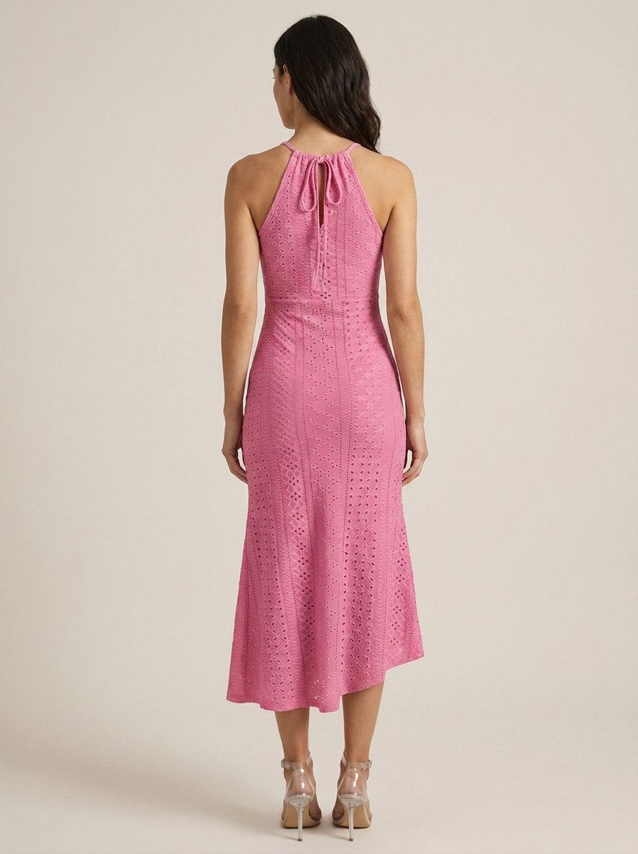 Hot pink halter tie criss cross front knit jacquard summer dress with slit, back view