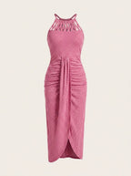 Hot pink halter tie criss cross front knit jacquard summer dress with slit, product only ghost mannequin view