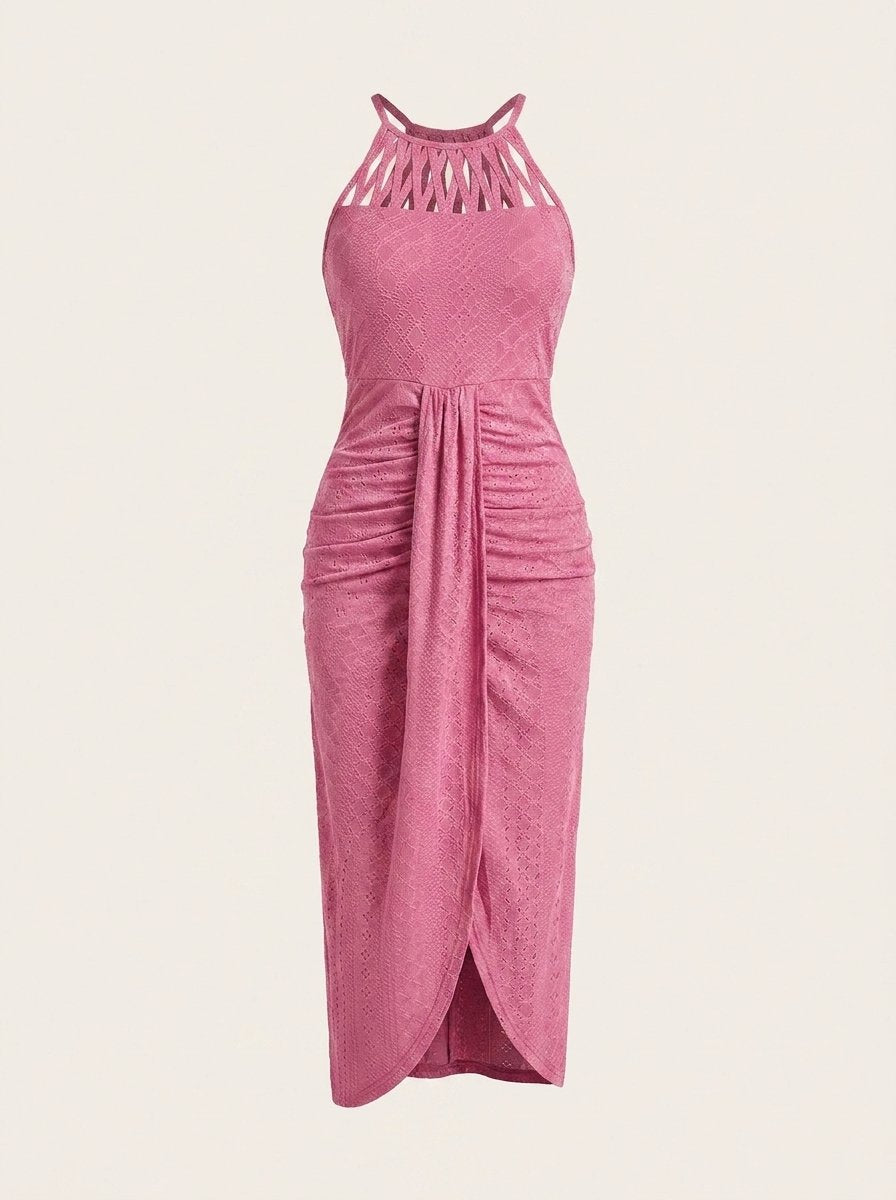 Hot pink halter tie criss cross front knit jacquard summer dress with slit, product only ghost mannequin view