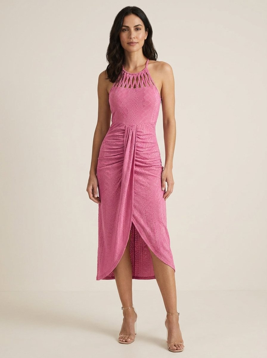Hot pink halter tie criss cross front knit jacquard summer dress with slit, front view