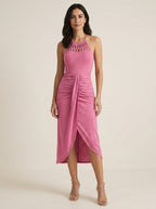 Hot pink halter tie criss cross front knit jacquard summer dress with slit, front view