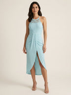 Light blue halter tie criss cross front knit jacquard summer dress with slit