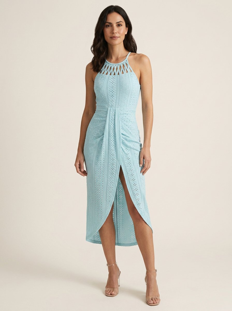 Light blue halter tie criss cross front knit jacquard summer dress with slit