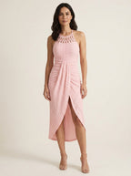 Light pink halter tie criss cross front knit jacquard summer dress with slit