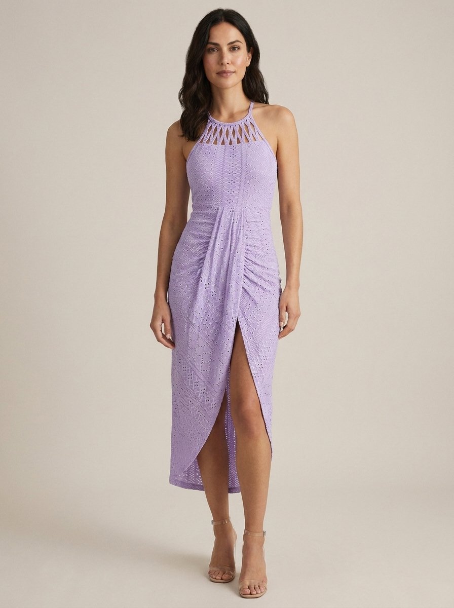 Purple halter tie criss cross front knit jacquard summer dress with slit