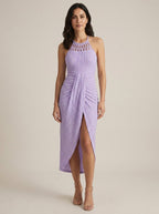 Purple halter tie criss cross front knit jacquard summer dress with slit