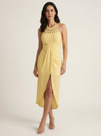 Yellow halter tie criss cross front knit jacquard summer dress with slit