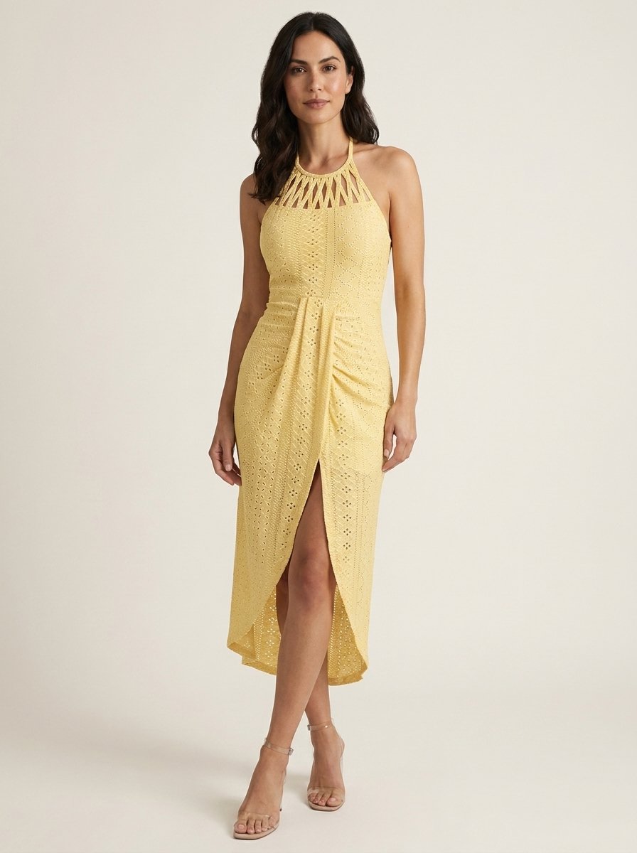 Yellow halter tie criss cross front knit jacquard summer dress with slit