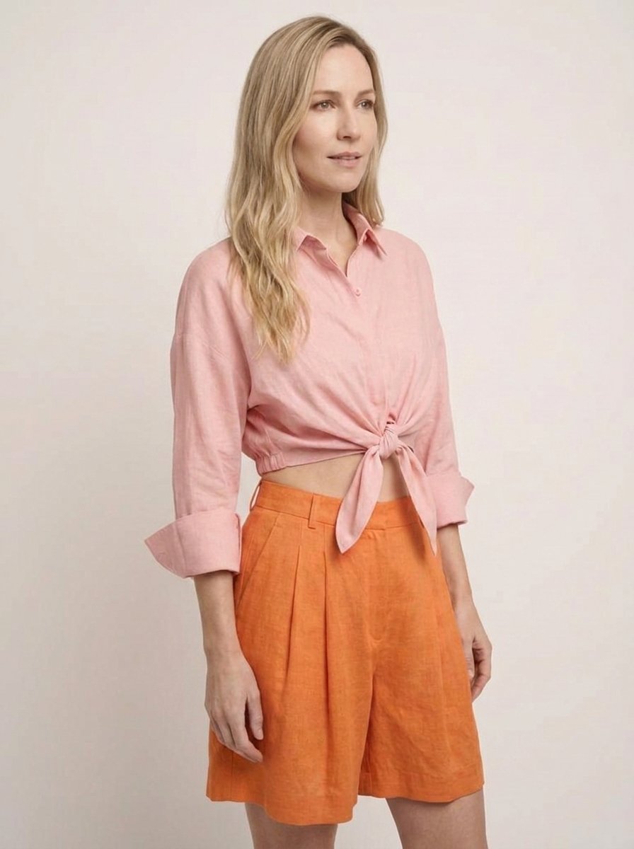 Romy Cropped Linen Tie-Front Top - three-quarter