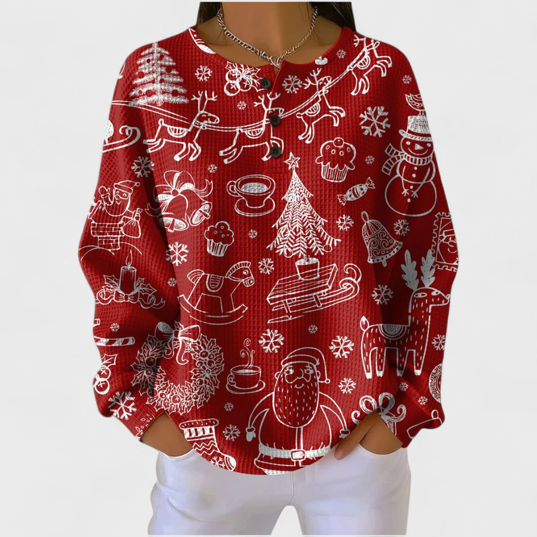 Roosje waffle knit Christmas sweater in deep red with white festive line drawings