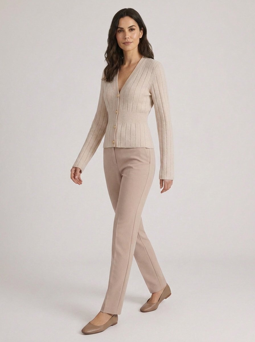 Rory ivory nipped waist V-neck knit cardigan, front view, walking