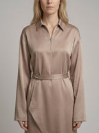 Draped satin midi dress, close-up of collar and buckle