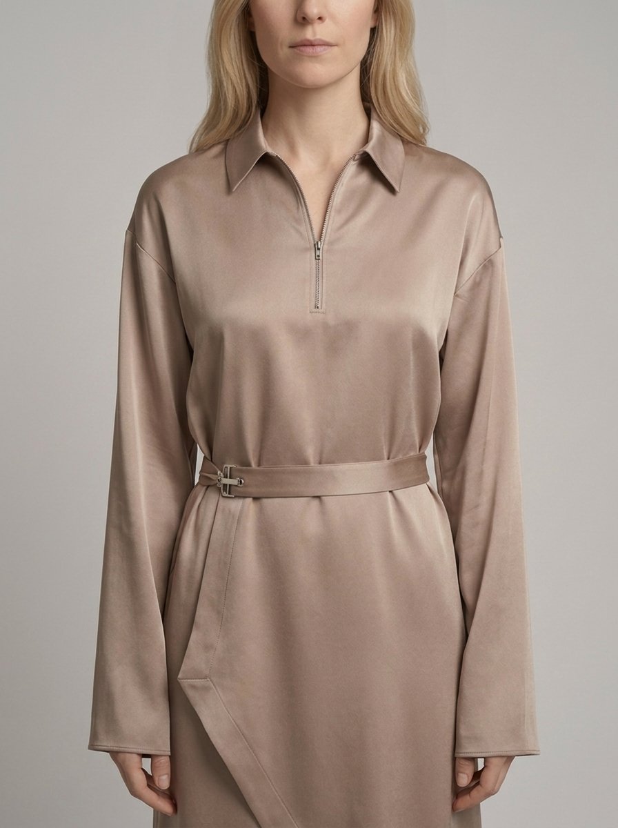 Draped satin midi dress, close-up of collar and buckle
