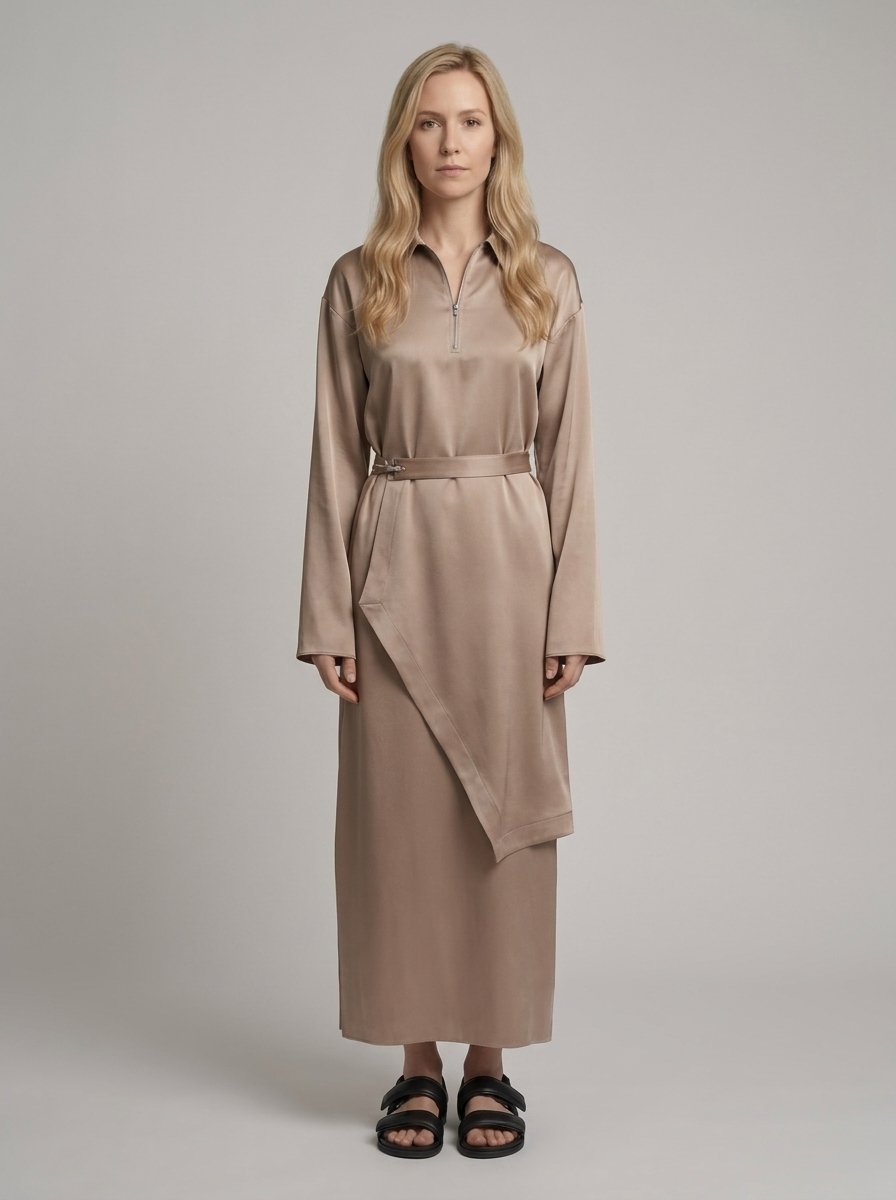 Draped satin midi dress with zip neckline, front view