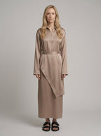 Draped satin midi dress with zip neckline, front view