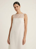 Sian ivory midi dress, close-up boat neckline detail