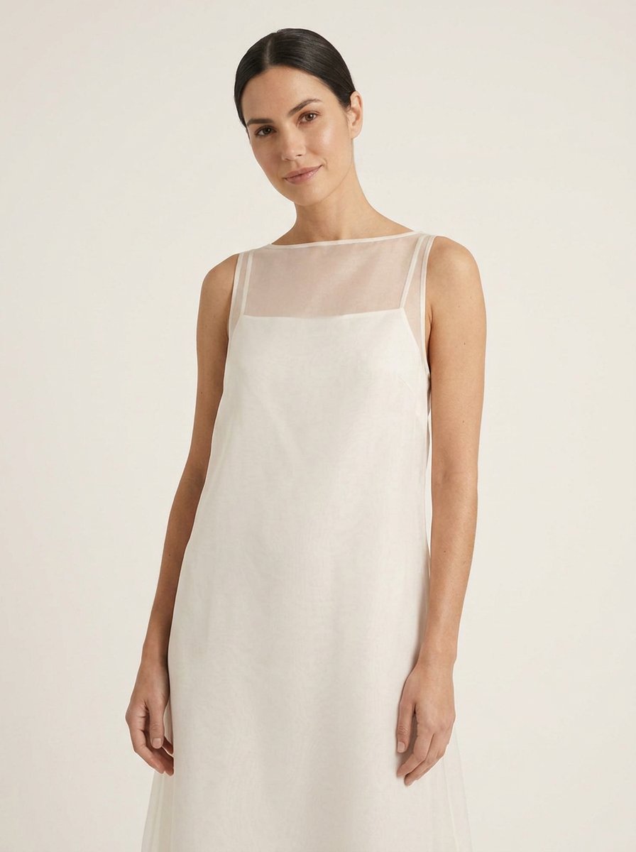 Sian ivory midi dress, close-up boat neckline detail